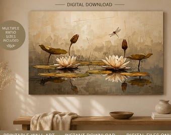 May include: A rectangular wall art print featuring an abstract botanical scene of white lotus flowers and lily pads on water, with a dragonfly in flight. The text reads: ABSTRACT BOTANICAL PRINT, DIGITAL DOWNLOAD, MULTIPLE RATIO SIZES INCLUDED, PRINTABLE WALL ART, INSTANT DOWNLOAD, DIGITAL FILES ONLY.
