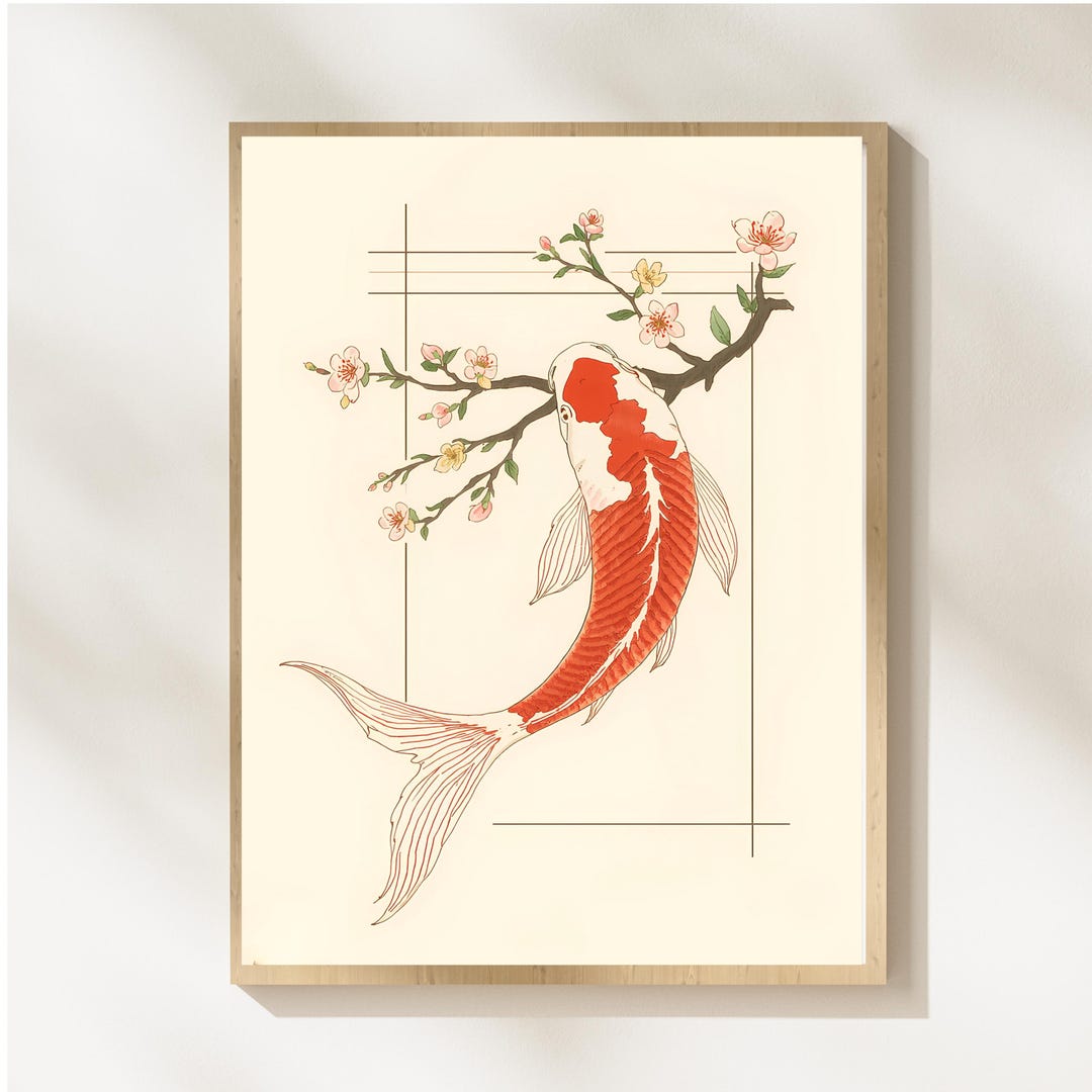 Koi Fish Sakura Art Print, Japanese Minimalist Zen Wall Decor Digital ...