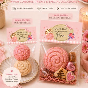 Könnte beinhalten: Druckbare Tütenaufleger für Conchas und Leckereien. Das Bild zeigt zwei Größen von Tütenauflegern mit dem Text "Conchas are as sweet as Mom". Die Aufleger sind für Muttertag, Geburtstage, Partys und Duschen gedacht.