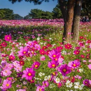 Può includere: Un vasto campo di fiori cosmea in piena fioritura, con sfumature di rosa vivace, magenta e bianco con centri gialli, che crescono nell'erba verde sotto un cielo azzurro, con i tronchi d'albero marroni e ruvidi visibili sulla destra.