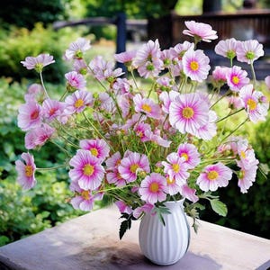 Può includere: Un bouquet di fiori cosmea con petali rosa chiaro e bianchi e centri giallo brillante, disposto in un vaso di ceramica bianco con scanalature verticali. I fiori presentano steli sottili e delicati e fogliame verde, creando una composizione.