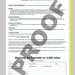 Bloc de facturas de VEHÍCULOS DE GARANTÍA DE AUTOS USADOS A4 Compra y venta de automóviles Comercio de motores