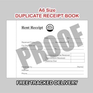 Puede incluir: Libro de recibos de alquiler duplicados tamaño A6. El recibo blanco tiene campos para la fecha, el importe y la información del destinatario. La parte superior del recibo dice "Recibo de alquiler" con un icono de casa. El texto "PROOF" está estampado en el recibo.