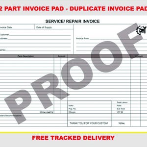 Puede incluir: Un bloc de facturas blanco de 2 partes con borde amarillo. El bloc incluye campos para información del cliente, descripciones de piezas y totales. El texto en el bloc incluye "SERVICE/REPAIR INVOICE" y "THANK YOU FOR YOUR CUSTOM".