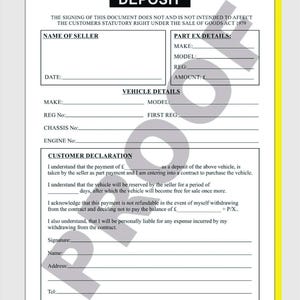 Puede incluir: Bloc de depósito de vehículo tamaño A5 con la palabra "DEPOSIT" en la parte superior. El formulario incluye secciones para los detalles del vendedor y del vehículo, y una declaración del cliente. El bloc contiene 50 juegos duplicados, con un total de 100 páginas.