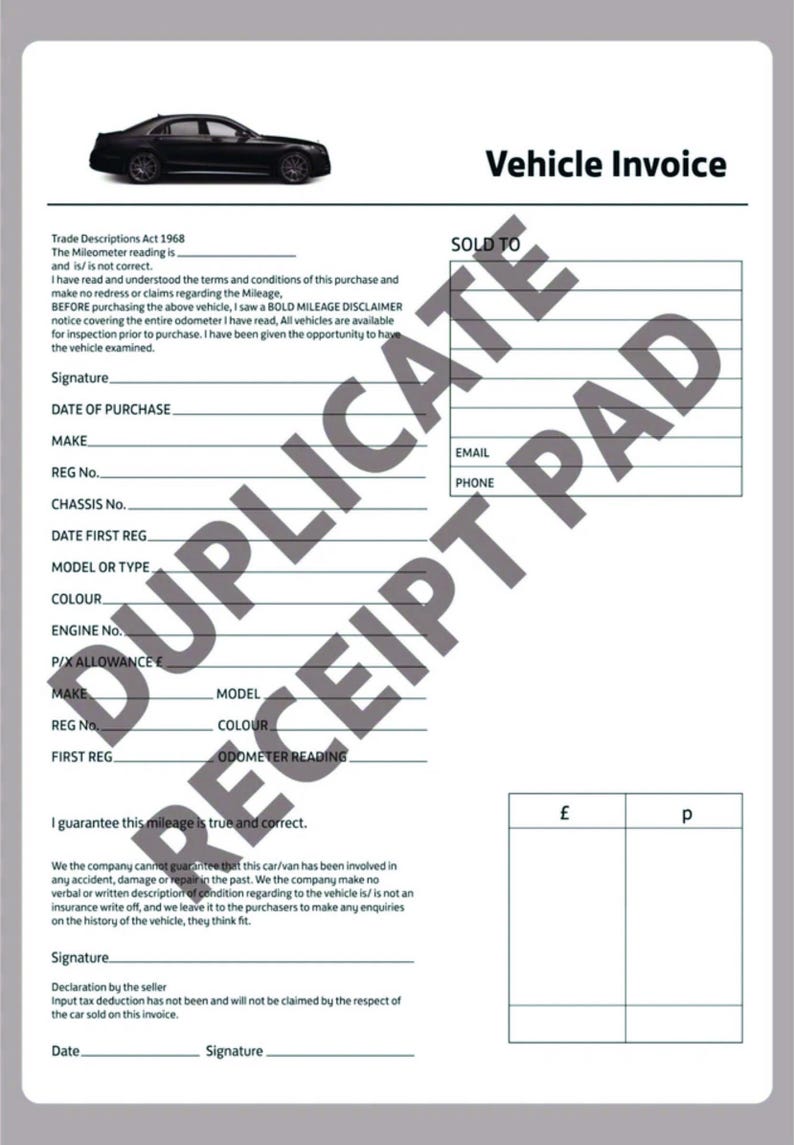 A4 Used CAR VEHICLES SALES Invoice Pad Receipt Buying & Selling Cars ...