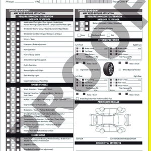 Puede incluir: Un informe de inspección visual del vehículo con secciones para el interior/exterior, debajo del vehículo y debajo del capó. Incluye áreas para la banda de rodadura de los neumáticos, el forro de los frenos y los daños anteriores en la carrocería. Información del concesionario, cliente y técnico.