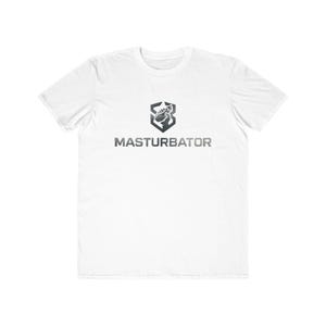 May include: White t-shirt with a crew neck. The shirt features a gray logo of a hand inside a shield, with the word "MASTURBATOR" printed below the logo in gray, sans-serif font.