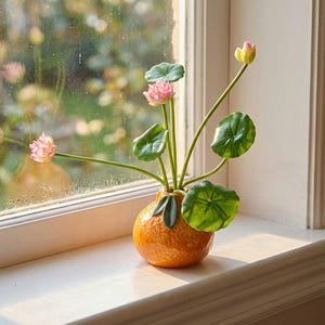 Puede incluir: Un jarrón de cerámica naranja con superficie texturizada, que contiene flores de loto artificiales. Las flores son rosas y amarillas, con tallos y hojas verdes. El jarrón está sobre un alféizar blanco, con un fondo exterior borroso.