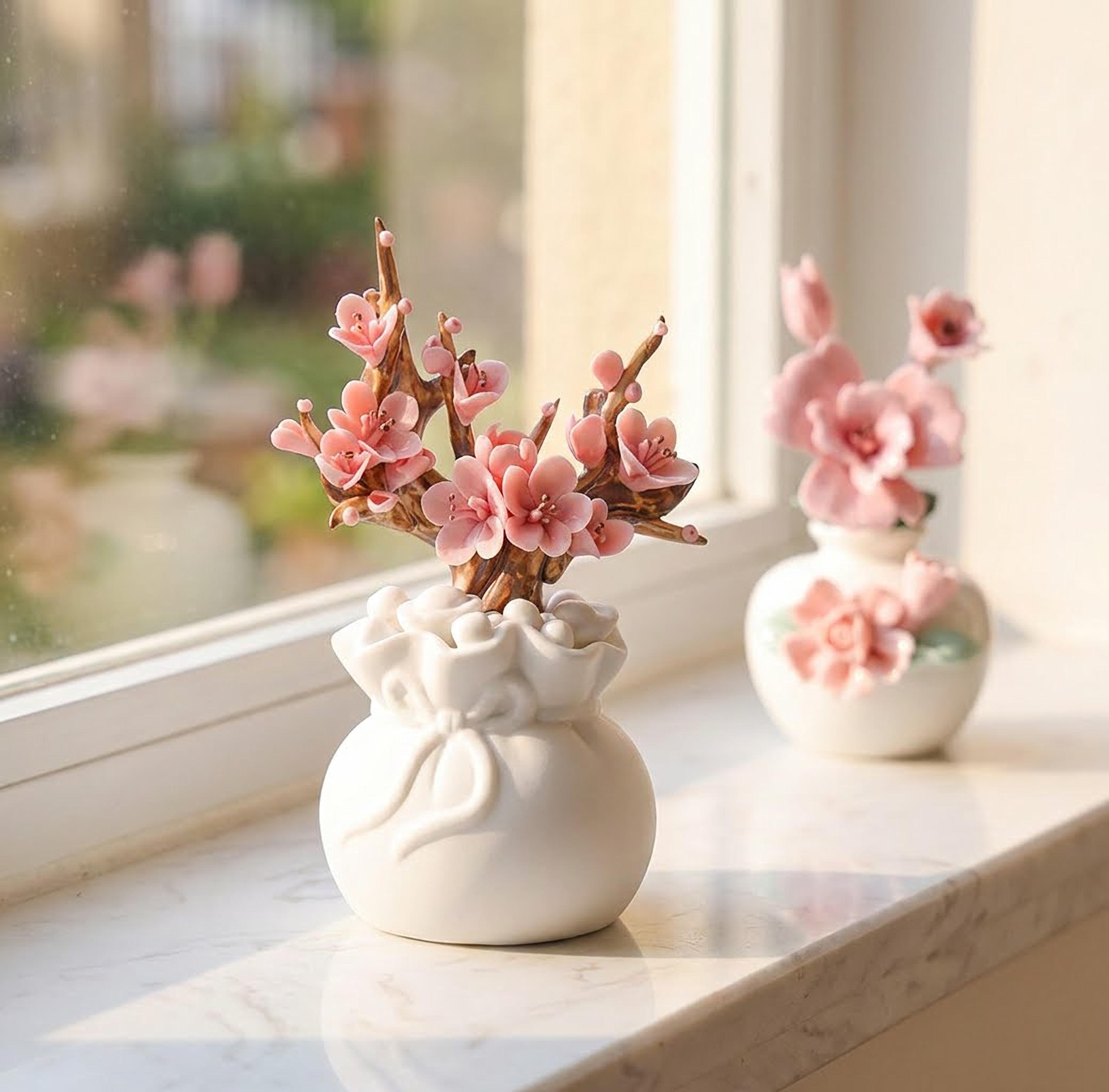 ピンクの陶器花瓶 造花アレンジ ピンクの陶器の花瓶 - Etsy 日本