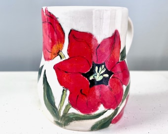 Handmade Large MUG 16 Oz - Bright SPRING TULIPS - Hand Painted Colorful Design - Terrific Gift for Mom - Sturdy Stoneware for Everyday Use!