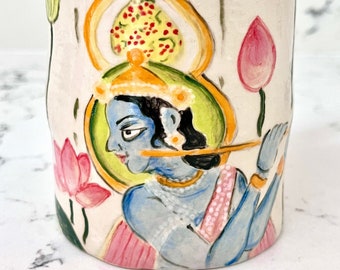 Bohemian Folk Art Mug - Made-to-Order - Rich Bold Colors Indian / Oriental Style Design - Blue Flute-Playing Character - Floating Flowers