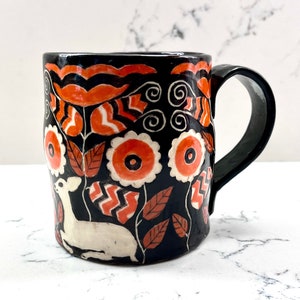 Fabulous MUG - DEER Floral Design - SGRAFFITO Bright - Order Now - Folk Art Swedish-Style Design - Stoneware Sturdy - Hand Painted Detail