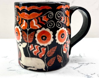 Fabulous MUG - DEER Floral Design - SGRAFFITO Bright - Order Now - Folk Art Swedish-Style Design - Stoneware Sturdy - Hand Painted Detail