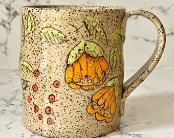 Handmade MUG FLORAL - Bright FLOWERS, Berries & Leaves - Made-to-Order - Speckled Stoneware Clay Sturdy - Painted by Hand - Gift Worthy