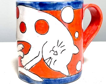 CAT Lover? KITTY Mug MISHIMA Inlay -  Made to Order - Sleeping Kitten & Polka Dots - Colorful Bright Fun -  Handmade Stoneware Sturdy