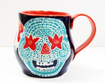 In Stock! SUGAR SKULL Mug Sgraffito, Day of the Dead Mug, Carved Design Functional Art, Mexican Inspired,Folk Art Pottery