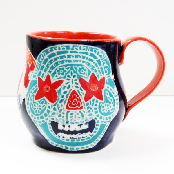 In Stock! SUGAR SKULL Mug Sgraffito, Day of the Dead Mug, Carved Design Functional Art, Mexican Inspired,Folk Art Pottery