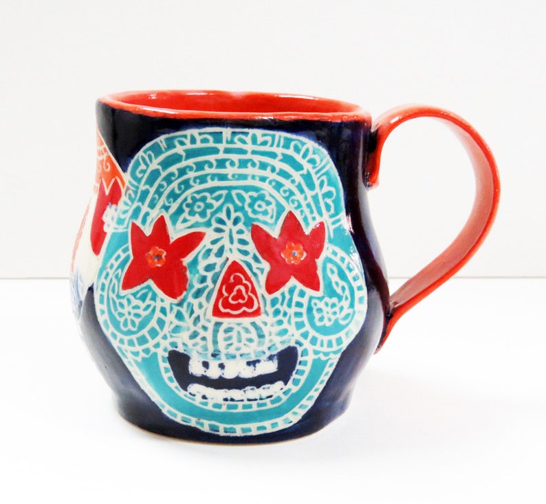 In Stock SUGAR SKULL Mug Sgraffito, Day of the Dead Mug, Carved Design Functional Art, Mexican Inspired,Folk Art Pottery image 1