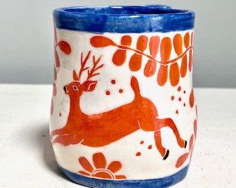 SGRAFFITO MUG Jumping DEER Reindeer Handmade - In Stock Ships Now - Blue & Red-Orange Hand-Carved - Wonderful Gift - Hand Painted Stoneware