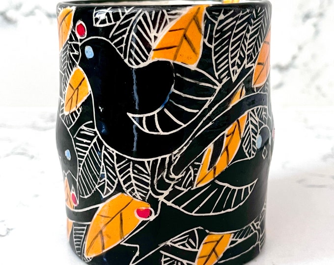 Handmade SGRAFFITO  MUG Sleek BIRDS Textured Leaves - Made to Order! - Hand-Painted - Great Gift - Stoneware Cup is Sturdy