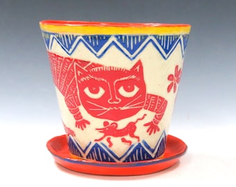 Made to Order - SGRAFFITO FLOWER POT & Saucer, Made-to-Order - Use Inside or Out - Sly Cat, Mouse and Bird, Folk Art Style - Drainage Hole