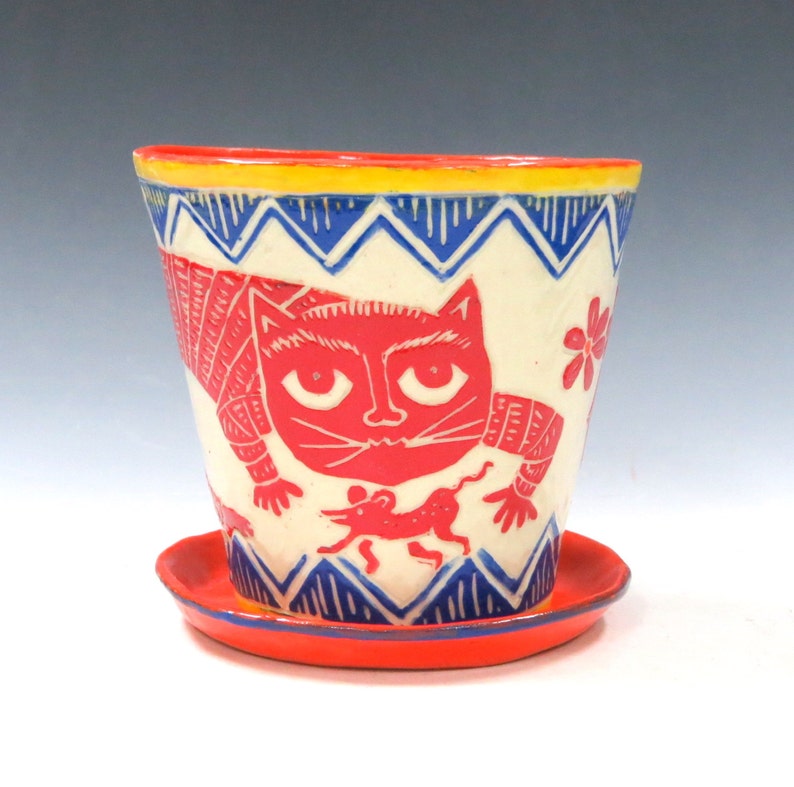 Made to Order SGRAFFITO FLOWER POT & Saucer, Made-to-Order Use Inside or Out Sly Cat, Mouse and Bird, Folk Art Style Drainage Hole image 1