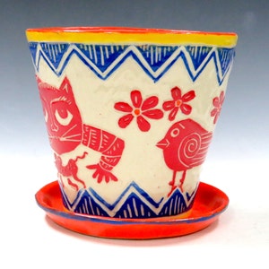 Made to Order SGRAFFITO FLOWER POT & Saucer, Made-to-Order Use Inside or Out Sly Cat, Mouse and Bird, Folk Art Style Drainage Hole image 2