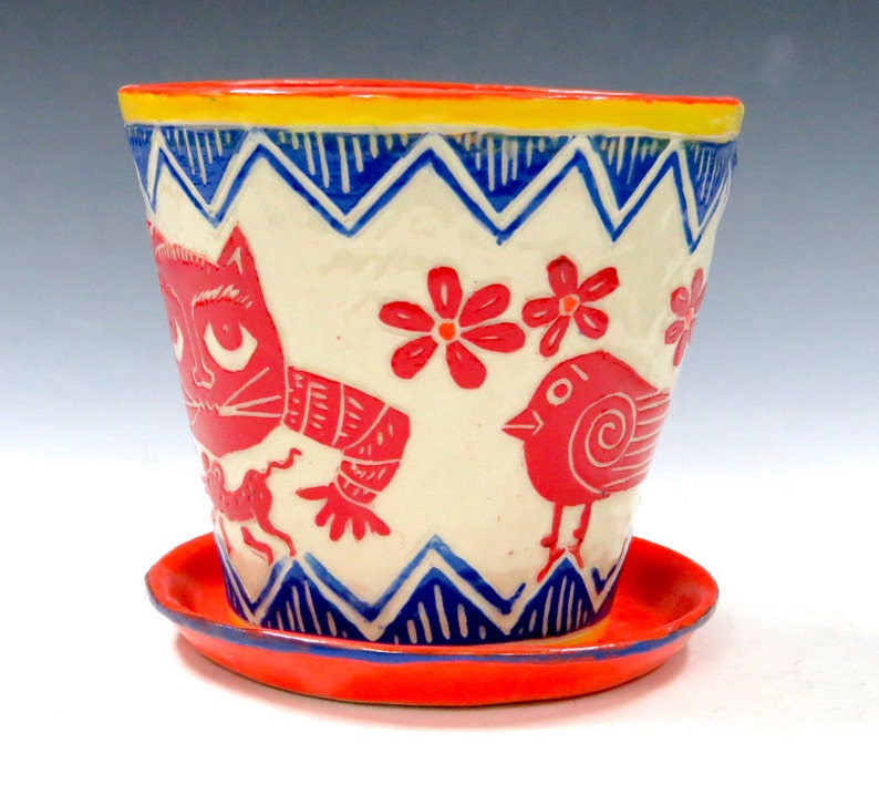 Made to Order SGRAFFITO FLOWER POT & Saucer, Made-to-Order Use Inside or Out Sly Cat, Mouse and Bird, Folk Art Style Drainage Hole image 2