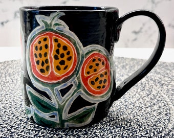 HANDMADE MUG Bright POMEGRANATE Style - Made to Order - Bright & Fun on Glossy Black - Sturdy Stoneware Cup - Gift Worthy - Whimsical