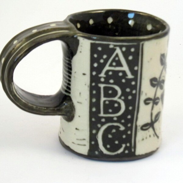 Dark Sage Stoneware Pottery Mug with Sgraffito Carved Bird A B C Design 2