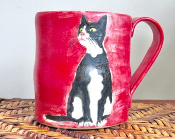 CAT-LOVERS MUG Handmade -  Calculating Cat - Made-to-Order - Stoneware Sturdy Cup - Black & White Kitty Red Mug - One of a Kind
