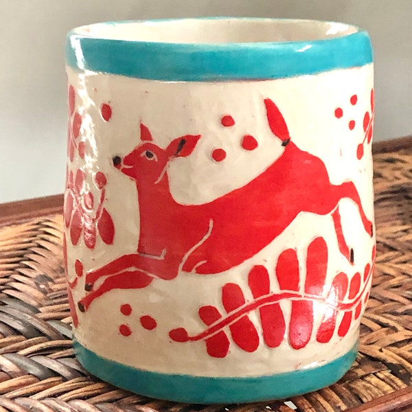 SGRAFFITO MUG Jumping Deer Reindeer - Made to Order - Red Turquoise Hand-Carved - Wonderful Gift - Handmade - Hand Painted Stoneware