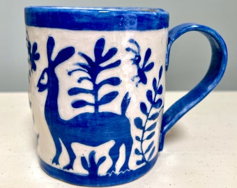 Ready to Ship! Handmade SGRAFFITO MUG Stoneware - Whimsical, Silly 4-Legged ANIMAL With Flowers and Leaves & Bugs - Otomi-Style - Great Gift