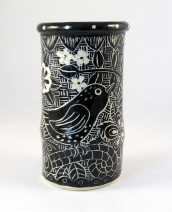 Items similar to Handmade Pottery VASE Black & White Sgraffito Carved