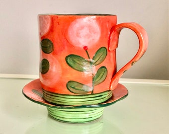 ROSY Floral MUG Whimsical & Bright w/ Ruffly SAUCER - Handmade - Sunny Bright Red and Orange and Pink and Yummy Green - Stoneware Sturdy