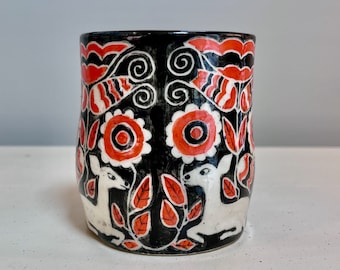 30% Discount Sgraffito Mug DEER Floral Design - SECONDS Quality - Slightly Flawed & In STOCK -Swedish Folk Art Style Design - Stoneware