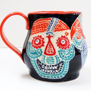 In Stock SUGAR SKULL Mug Sgraffito, Day of the Dead Mug, Carved Design Functional Art, Mexican Inspired,Folk Art Pottery image 3