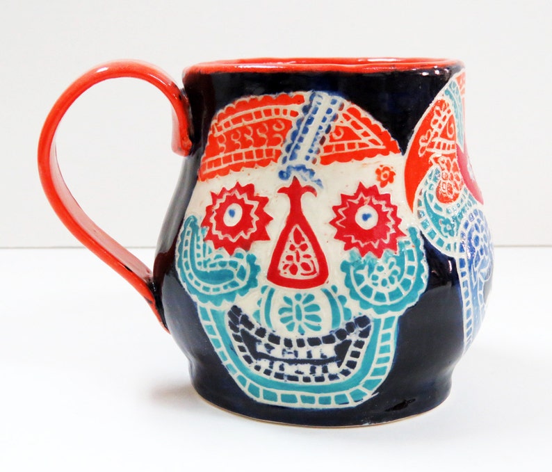 In Stock SUGAR SKULL Mug Sgraffito, Day of the Dead Mug, Carved Design Functional Art, Mexican Inspired,Folk Art Pottery image 3