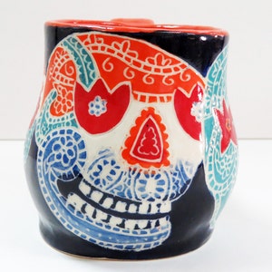 In Stock SUGAR SKULL Mug Sgraffito, Day of the Dead Mug, Carved Design Functional Art, Mexican Inspired,Folk Art Pottery image 2