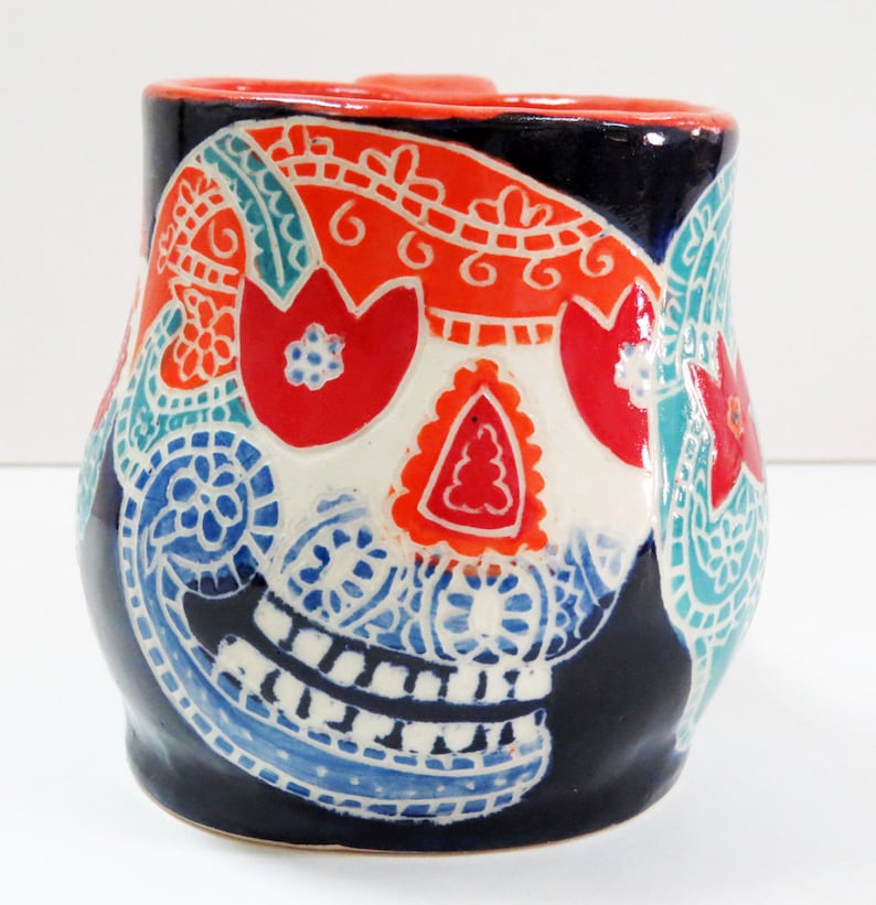 In Stock SUGAR SKULL Mug Sgraffito, Day of the Dead Mug, Carved Design Functional Art, Mexican Inspired,Folk Art Pottery image 2