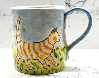 Hey, Cat Lovers - Now In STOCK! - Adorable Orange Striped KITTY on Handmade Stoneware MUG - Hand Painted by Cat Owner / Fan