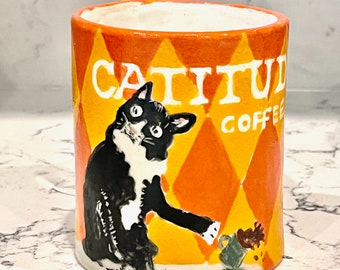 Handmade CAT Mug - Made to Order - Bright Fun CATITUDE Bossy Cat / Red & Orange HARLEQUIN Checked Background / Stoneware Sturdy