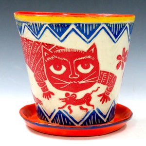 Made to Order SGRAFFITO FLOWER POT & Saucer, Made-to-Order Use Inside or Out Sly Cat, Mouse and Bird, Folk Art Style Drainage Hole image 4