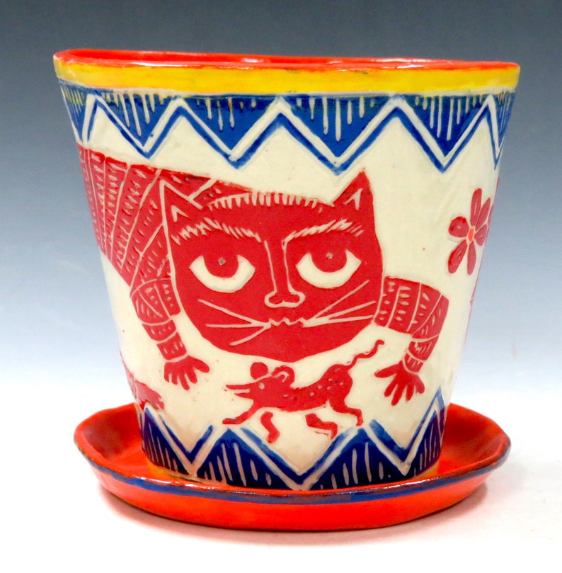 Made to Order SGRAFFITO FLOWER POT & Saucer, Made-to-Order Use Inside or Out Sly Cat, Mouse and Bird, Folk Art Style Drainage Hole image 4