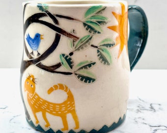 Handmade MUG with Orange CAT & Singing Blue Bird - Made-to-Order - Sunny Day, Leafy Tree - Stoneware Sturdy Coffee Cup - Gift Worthy!