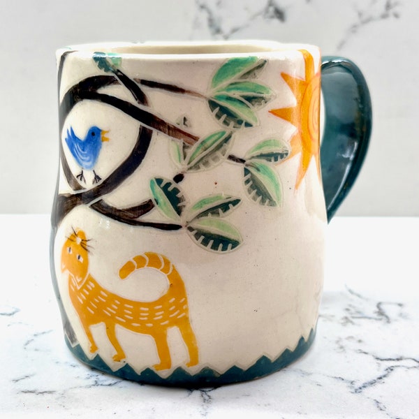 Handmade MUG with Orange CAT & Singing Blue Bird - Made-to-Order - Sunny Day, Leafy Tree - Stoneware Sturdy Coffee Cup - Gift Worthy!