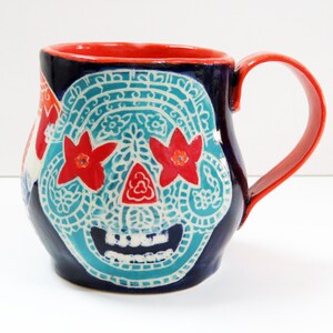 In Stock SUGAR SKULL Mug Sgraffito, Day of the Dead Mug, Carved Design Functional Art, Mexican Inspired,Folk Art Pottery image 4