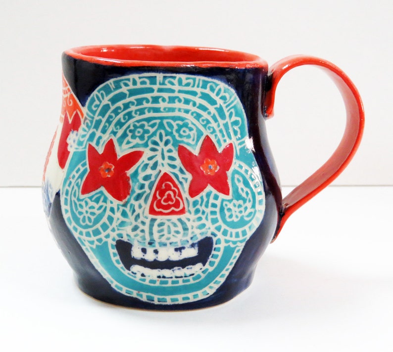 In Stock SUGAR SKULL Mug Sgraffito, Day of the Dead Mug, Carved Design Functional Art, Mexican Inspired,Folk Art Pottery image 4