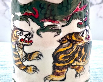 HANDMADE MUG with TIGERS & Dragon Ready to Fight - Order Now! - Hand Painted - Bright Fun Colors -
